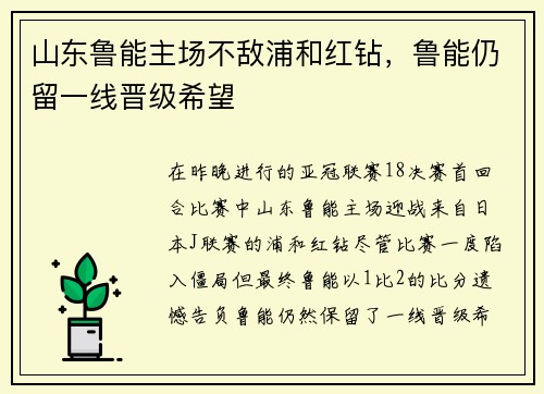 山东鲁能主场不敌浦和红钻，鲁能仍留一线晋级希望