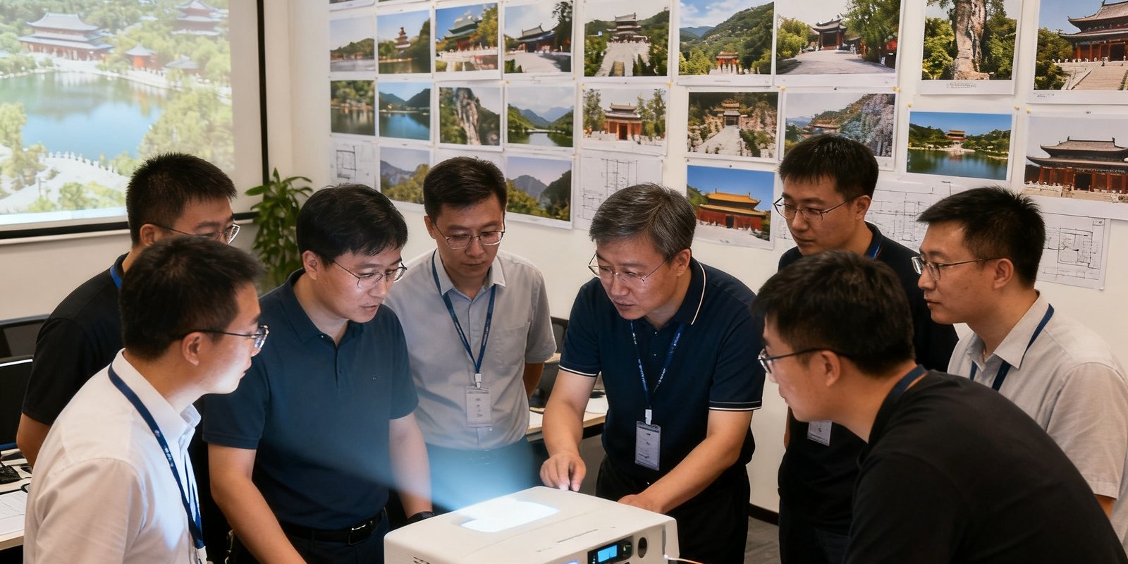 PA国际厅西安办公室内，十几位工程师正在调试投影设备并讨论方案，墙上贴满景区实景照片。