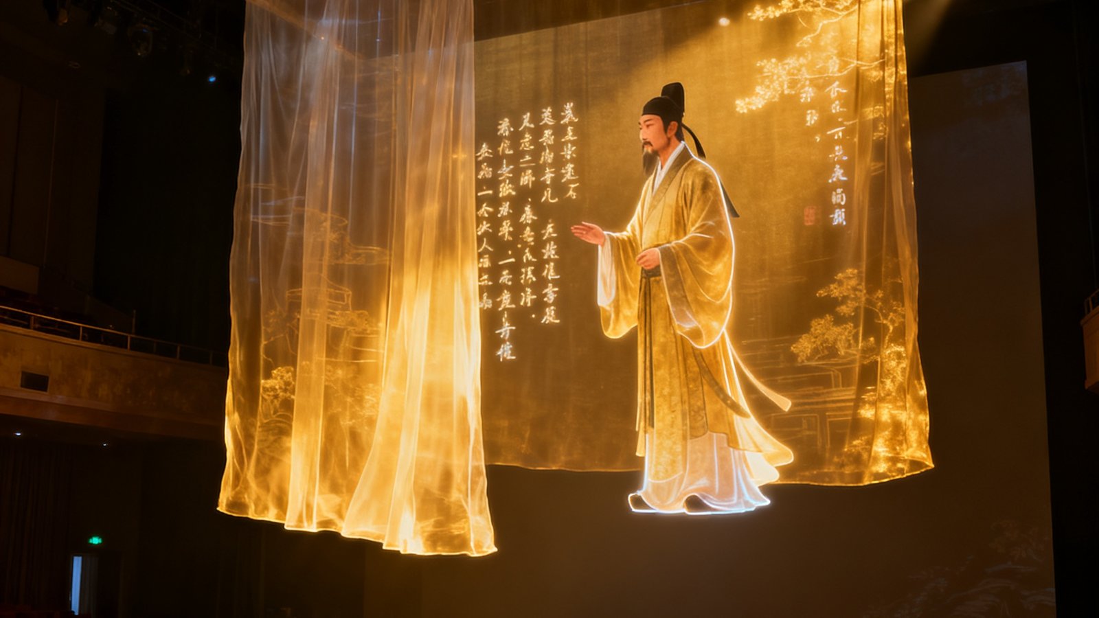 暗光剧场中，一位唐代诗人全息影像悬浮在空中与观众对诗，纱幕透出柔和金光。